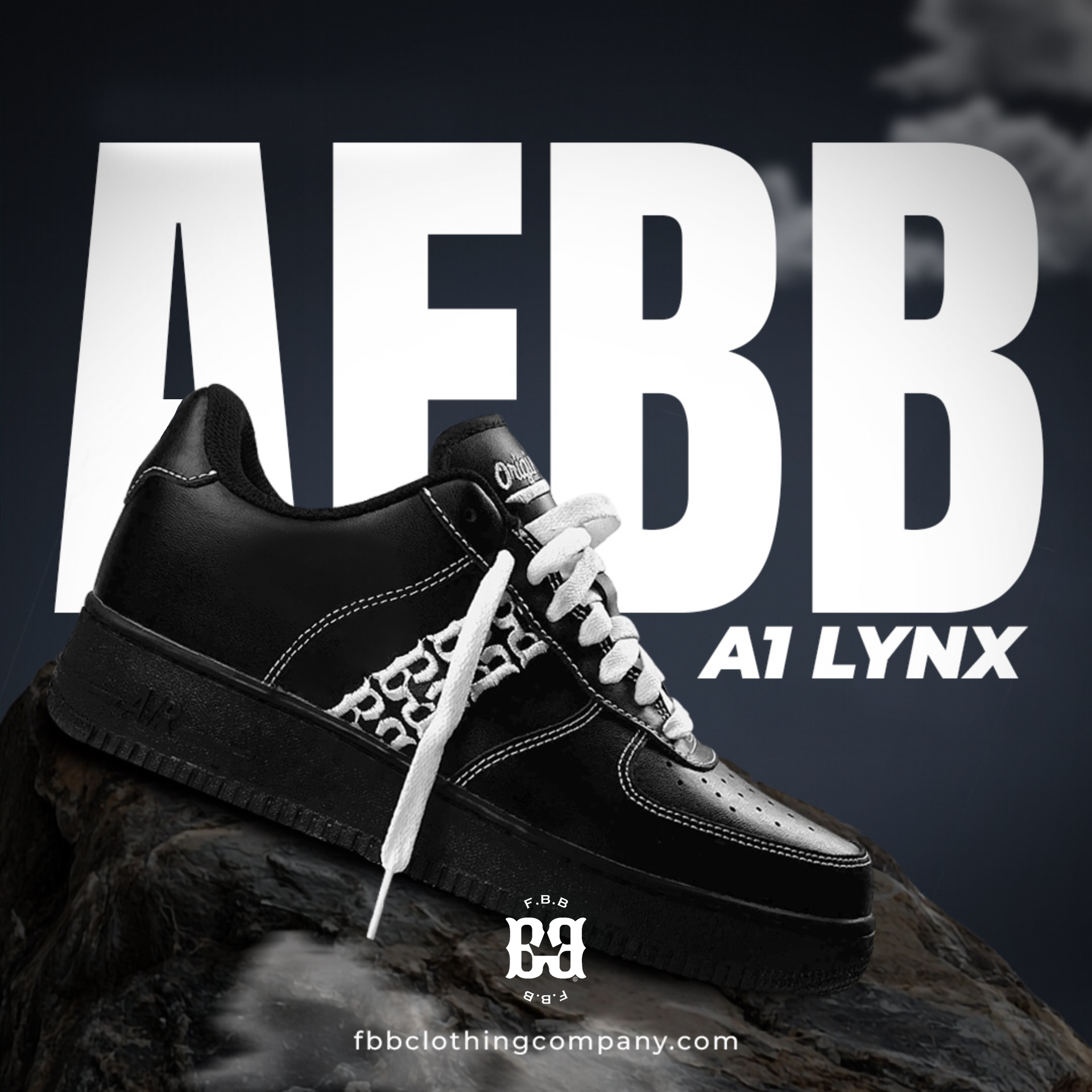 Airforce 1 sneaker on a rock with a sky silhouette 